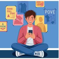 Young man sitting cross-legged using smartphone in casual outfit with blue background illustration vector