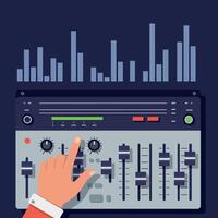 Audio Mixer Console with Hand Adjusting Sound Levels and Blue Equalizer Bars Illustration vector