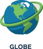 Globe with green orbit illustration showing earth continents and oceans vector