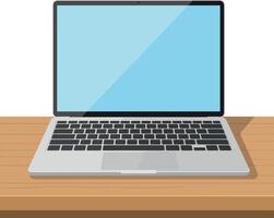 Laptop computer with blue screen on wooden table illustration technology device vector