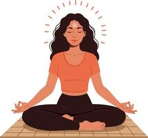 Woman meditating in lotus pose with third eye and calm expression illustration vector