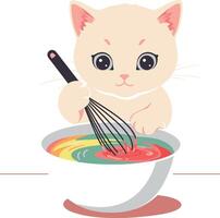 Cute cat whisking colorful batter in bowl playful cooking illustration vector