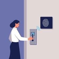 Woman using biometric fingerprint scanner for secure access in modern office environment illustration vector