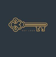 Vintage key logo design in gold outline on dark background for branding and identity purposes vector