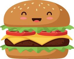 Happy cheeseburger with lettuce tomato and sesame bun illustration vector