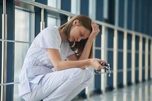 Tired,,, feeling bad, exhausted. Female doctor in white coat is in the hall photo