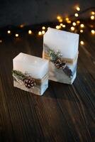 Wooden surface.,, Handmade beautiful decorative candle on the background photo
