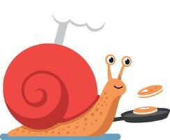 Snail with red shell cooking pancakes on pan cartoon illustration vector