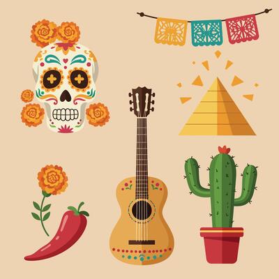 Mexican culture icons with sugar skull guitar pyramid cactus and chili pepper illustration