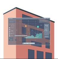 Modern building with data analytics interface overlay in illustration design vector