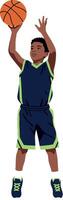 Young basketball player shooting ball in navy and green uniform illustration vector