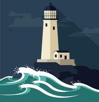 Lighthouse on rocky coast with crashing waves under dark sky illustration vector