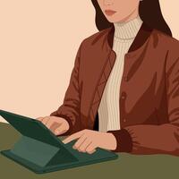 Woman using tablet device with brown jacket and beige turtleneck in casual setting vector