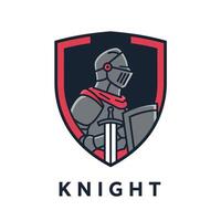 Knight logo design with shield and sword in red and gray colors for branding and identity vector