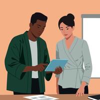 Two colleagues collaborating on tablet device in office environment illustration vector