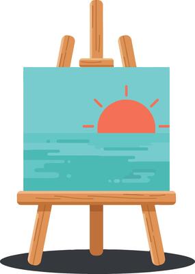 Sunset Canvas Painting on Wooden Easel Illustration with Blue and Orange Colors