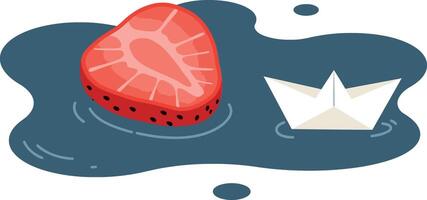 Strawberry slice floating on water with paper boat illustration vector