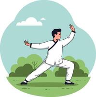Man practicing tai chi martial arts exercise outdoor in nature park setting vector