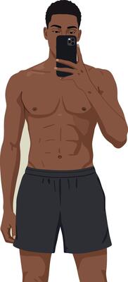 Shirtless man taking selfie with smartphone in black shorts illustration