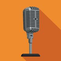 Vintage microphone on stand with long shadow and orange background illustration vector
