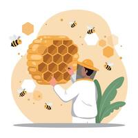 Beekeeper harvesting honeycomb surrounded by bees in natural environment illustration vector