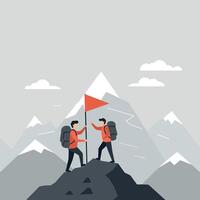 Mountain hiking teamwork with red flag on peak in misty landscape illustration vector