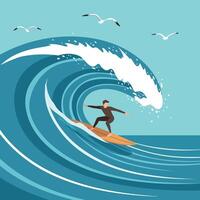 Surfer riding large blue wave with seagulls in clear sky illustration vector