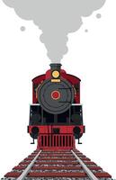Red Steam Locomotive Front View with Smoke on Railway Tracks Illustration vector