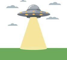 Flying saucer UFO beaming light over green field with clouds illustration vector