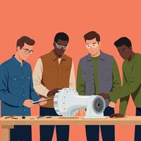 Diverse young engineers collaborating on wind turbine model in workshop illustration vector