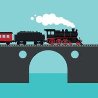 Steam Train Crossing Large Stone Bridge Illustration with Red and Black Colors vector