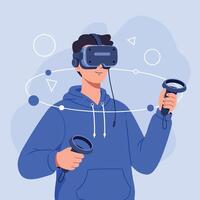 Man Wearing Virtual Reality Headset and Controllers Immersed in Digital Experience Technology vector