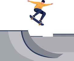 Skateboarder performing jump trick over half pipe ramp illustration in active pose vector