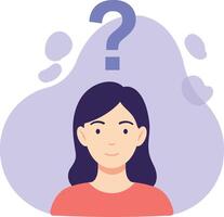 Woman with question mark above head confused about decision making illustration vector