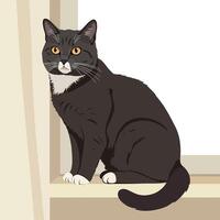 Black and white cat with yellow eyes sitting on window ledge illustration vector