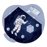 Astronaut floating in space with molecular structure illustration in dark blue background vector
