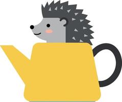 Hedgehog sitting inside yellow teapot illustration with simple flat design vector
