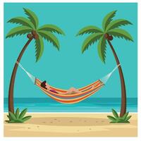 Man Relaxing in Hammock Between Two Palm Trees on Tropical Beach Illustration vector