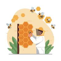Beekeeper harvesting honeycomb from hive with flying bees illustration vector