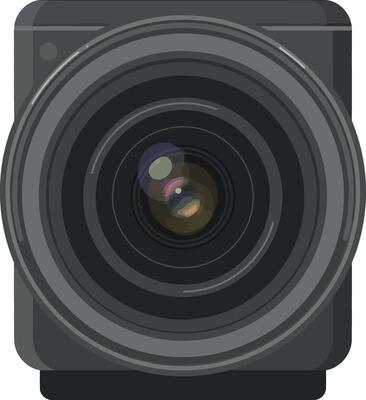 Camera lens front view illustration with detailed glass reflections and black housing