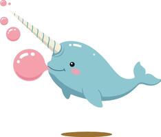 Cute blue narwhal blowing pink bubbles illustration with playful expression vector