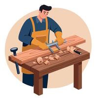 Carpenter working with wood plane on wooden table in workshop illustration vector