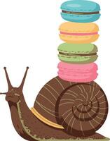 Snail carrying colorful macarons stacked on shell whimsical food dessert illustration vector