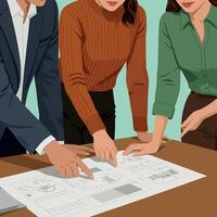 Team collaborating on project plans with charts and graphs in casual professional setting illustration vector