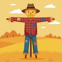 Scarecrow in autumn field with patchwork clothes and hat illustration vector