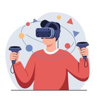 Virtual reality gaming with headset and controllers in modern technology environment vector