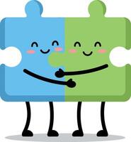 Smiling blue and green puzzle pieces hugging each other friendly illustration vector
