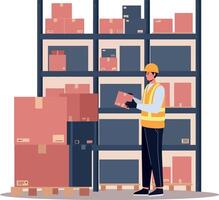 Warehouse worker checking inventory with boxes on shelves in storage facility illustration vector