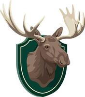 Moose head emblem with antlers on green shield illustration design vector