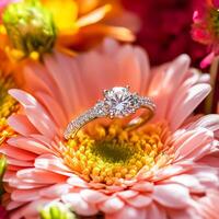 Diamond ring is set in a flower photo